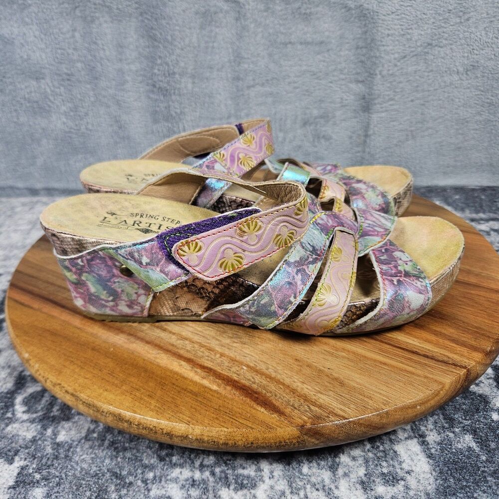 L'artiste Spring Step Yorini Multicolor Leather Wedge Sandals Womens 38 US 7.5 8